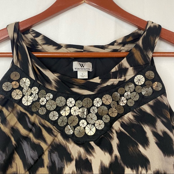 WORTHINGTON Women’s Tank Top Work Career Cheetah Leopard Print Beaded Size L - Picture 2 of 8